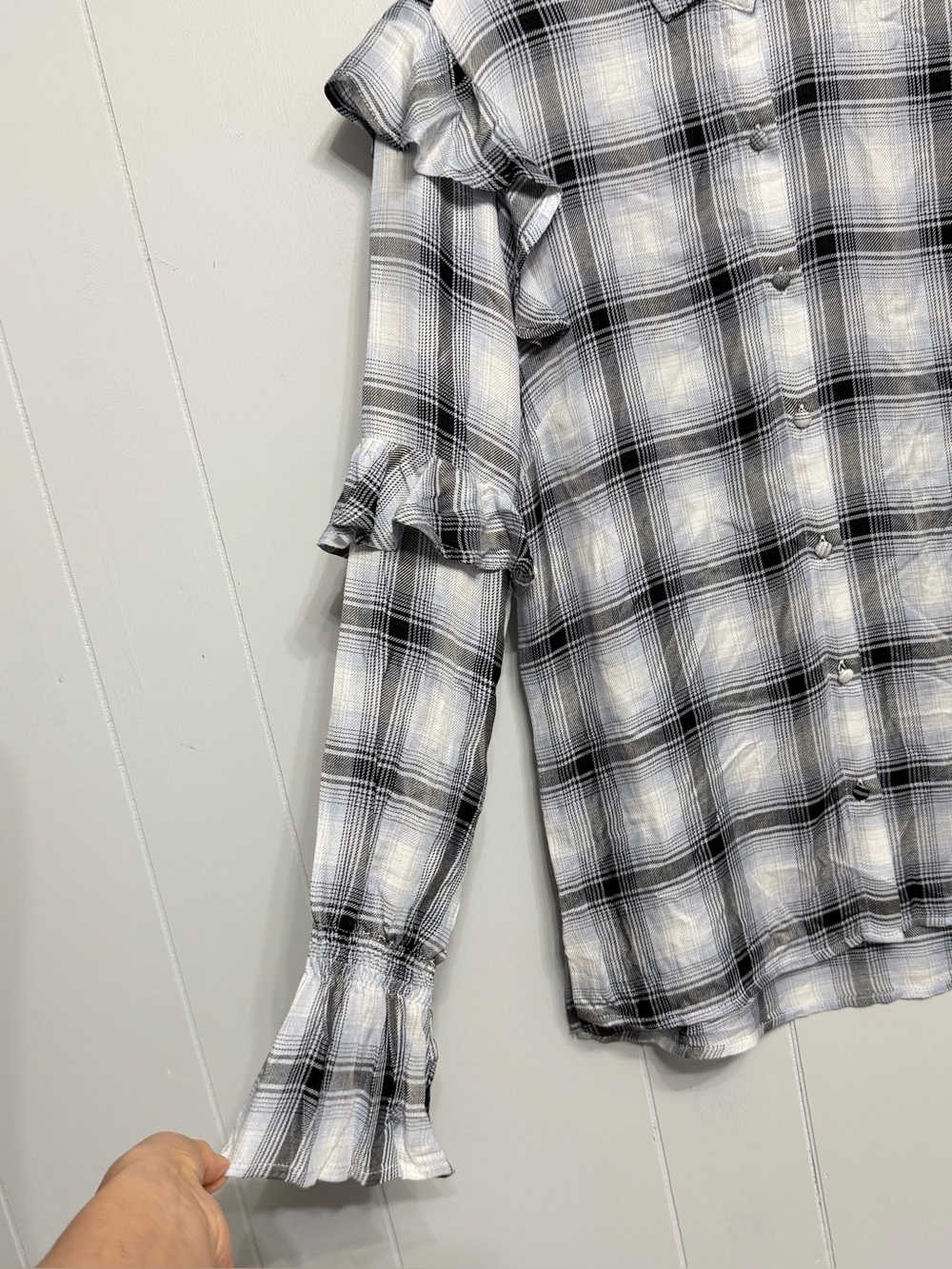 #21) Women’s Black & White Plaid Ruffle Button-Down Shirt - Picture 3 of 5